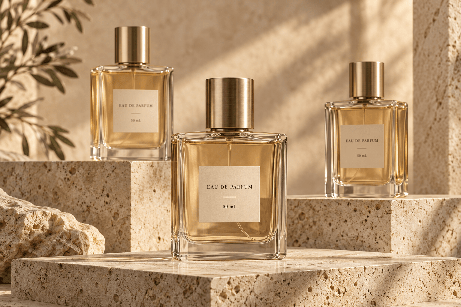 Three generic eau de parfum bottles on warm limestone plinths
